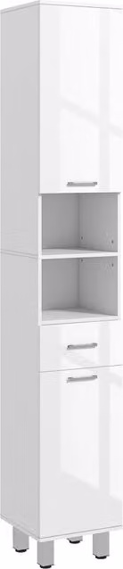 Colonna da Bagno Minimal in Legno Bianco Lucido con Cassetto, 2 Ripiani Aperti e 2 Armadietti, L/P/H: 30 x 30 x 180 cm