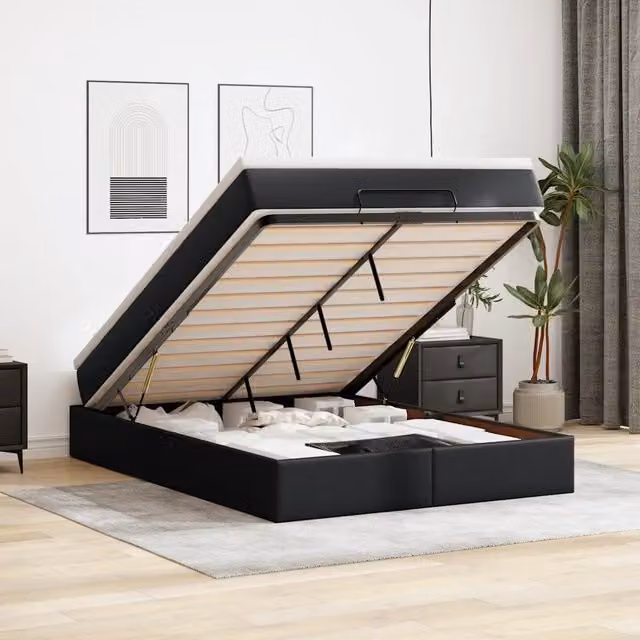Struttura Letto Pouf con Materasso Nero 140x190 cm Similpelle 3311036