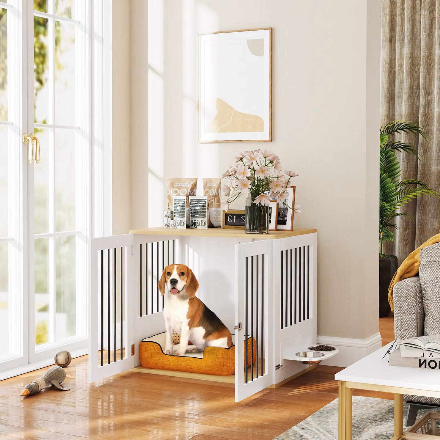 Gabbia per cani PawHut con tavolino e ciotole girevoli a 360 gradi, 2 porte per cani di taglia media, bianco, L 80 cm x P 55 cm x H 71,5 cm – 2
