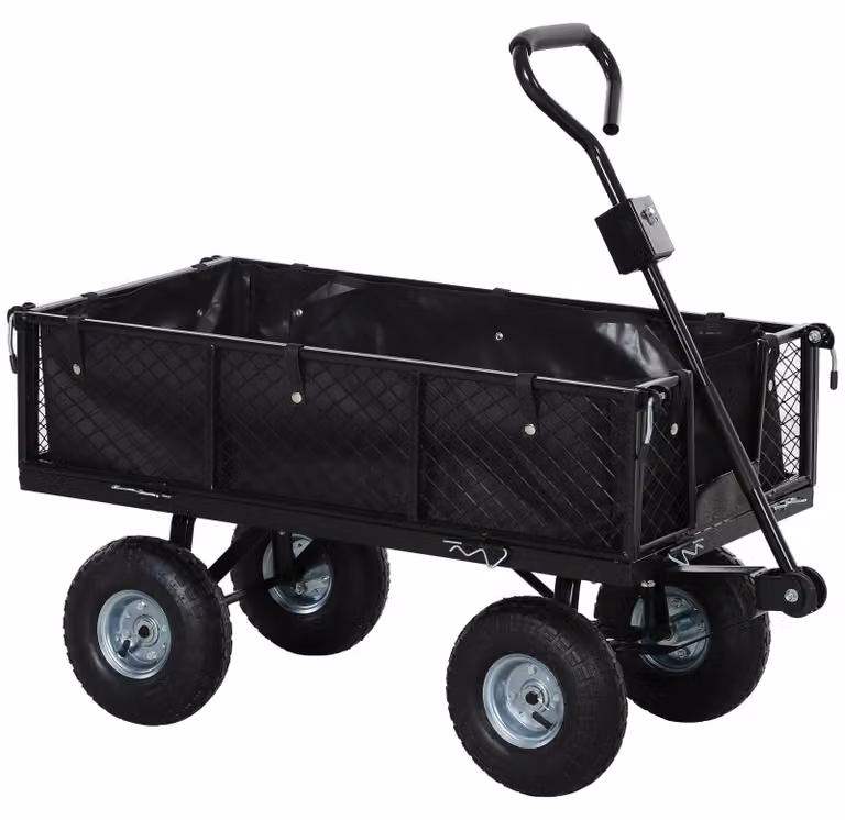 Carrello da giardino – Carrello di trasporto con cassone, capacità massima di 300 kg e pareti laterali pieghevoli
