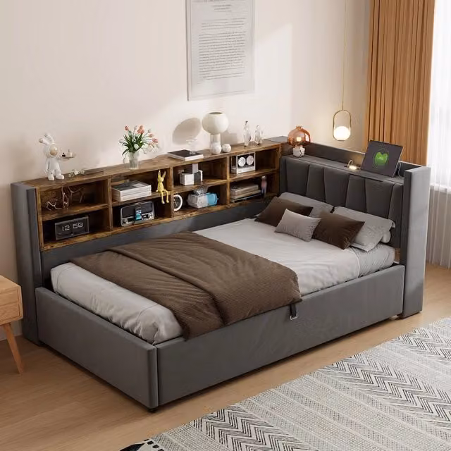 Letto imbottito REDOM in velluto grigio con contenitore e testiera multifunzione con luce di lettura, porta USB e mensola, L/P/H: 90 x 200 x 100,5 cm