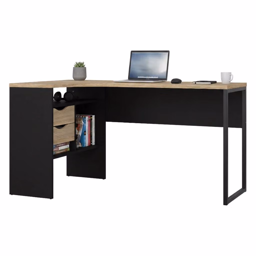 Scrivania Moire DMORA moderna con cassettiera, tavolo da ufficio porta PC in MDF laminato, L: 145 cm, P: 81 cm, H: 77 cm, Nero e Quercia – 2