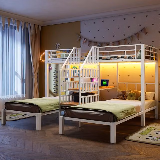 Letto a castello 3 posti - Zephmum - 90x200 cm - Bianco - LED, scrivania, ripiani, USB
