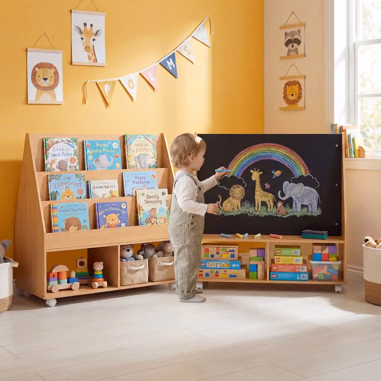 Libreria Montessori Costway con lavagna e ruote per bambini in legno naturale marrone