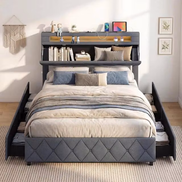 Letto Matrimoniale 140x200 cm, con Luci LED e Porte USB, Letto Piattaforma Rivestito con Cassetti e Testiera Regolabile con Spazio di Stoccaggio, Doghe in Legno