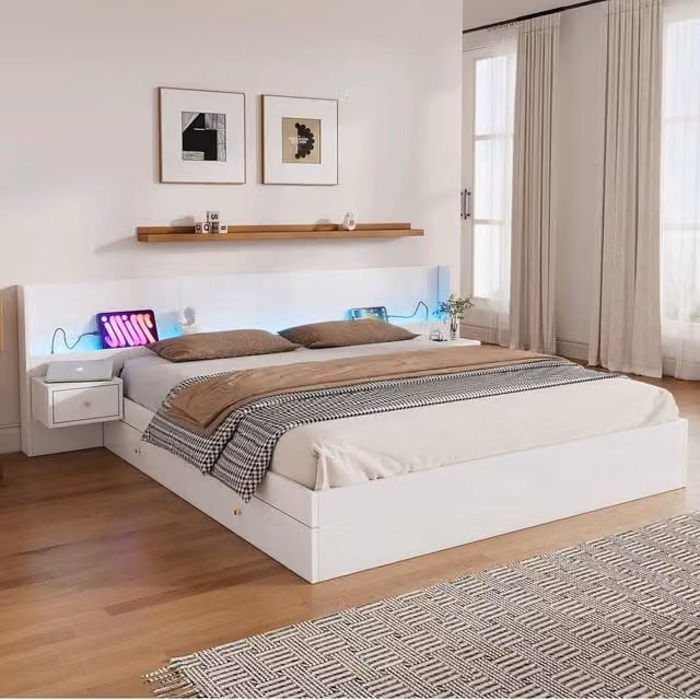 Letto Matrimoniale con LED, USB e Comodini ¨C MINIMAL ¨C Bianco 180x200