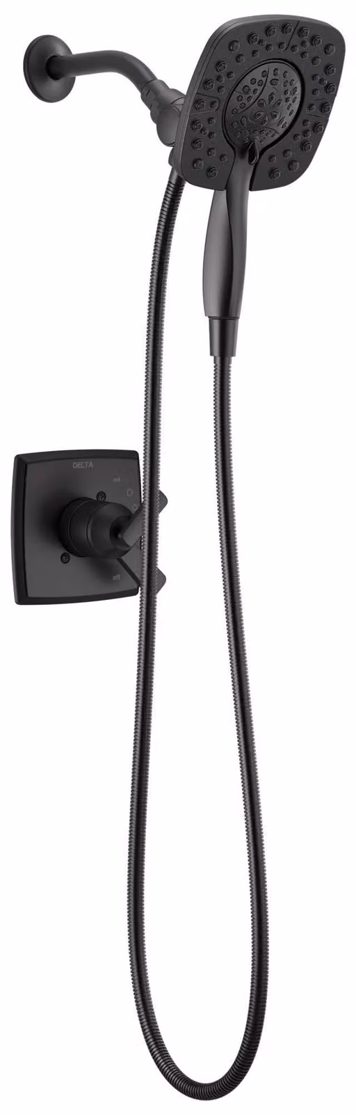 Set doccia con miscelatore a due maniglie, soffione multifunzione 2-in-1, finitura nero opaco