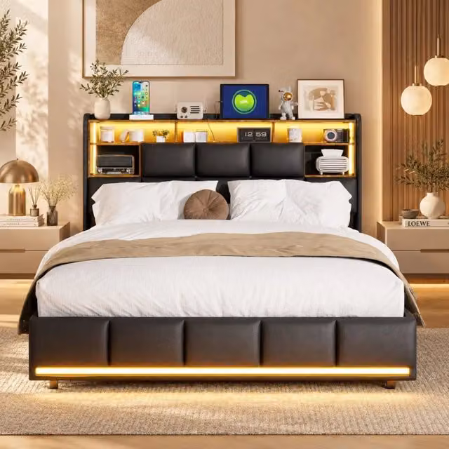 Letto imbottito 140x200 con Contenitore idraulico; Letto matrimoniale a LED con USB; Struttura letto baule con rete a doghe; PU Nero;Senza Materasso