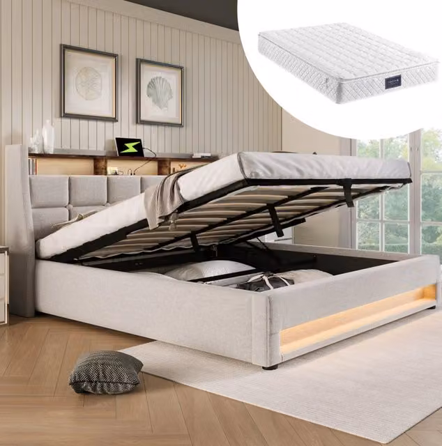 Letto imbottito 140x200 cm con LED, struttura in lino chiaro e doppia porta USB integrata