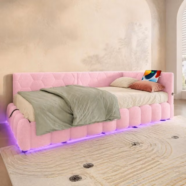 Letto contenitore Mivray imbottito con LED multicolore, porte USB e Type-C, rete a doghe, colore rosa, L/P: 90 x 200 cm