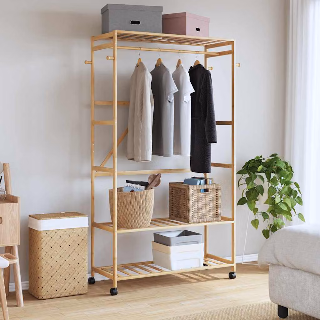 vidaXL Appendiabiti con Ripiani e Ruote 110x40x180 cm in Bambù