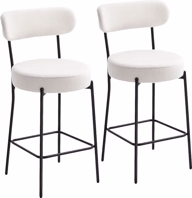 Set di 2 sgabelli da bar HOMCOM in tessuto bouclé con schienale curvo e poggiapiedi, L: 49 cm, P: 52 cm, H: 95 cm, Crema
