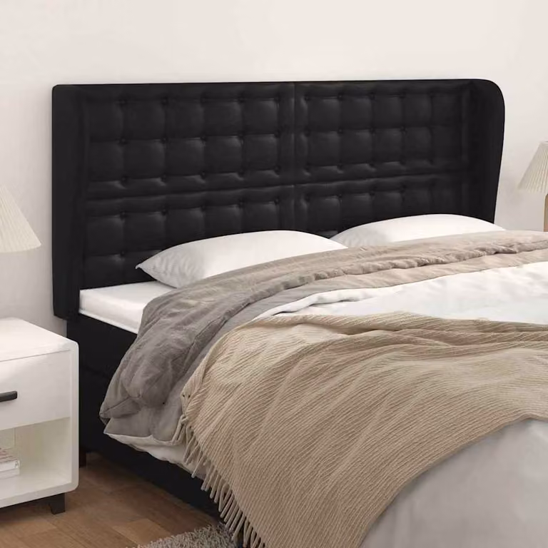 Testiera ad orecchio vidaXL in similpelle nera con struttura in legno, L: 203 cm, P: 23 cm, H: 118/128 cm