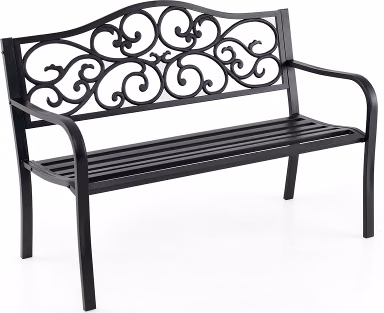 COSTWAY panca da giardino in ghisa, panca a 2 posti, panca da parco con schienale e braccioli, panca in metallo, panca in ferro 128x62x89cm nero