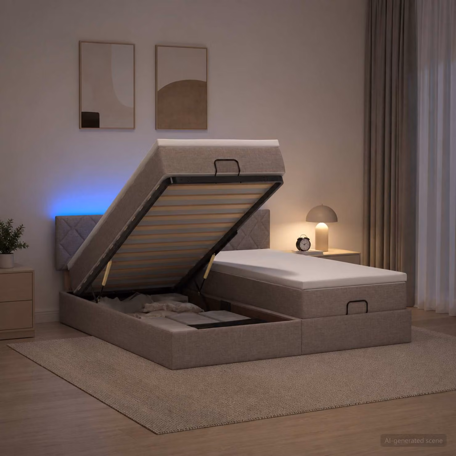 Letto Ottomano con Materasso e Illuminazione LED vidaXL, Colore Tortora, L/P/H: 200 x 200 x 88 cm