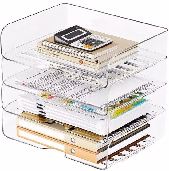 Set di organizer da scrivania in PET, impilabili, trasparenti, formato A4, confezione da 4 pezzi. Ideali per l'organizzazione dell'ufficio