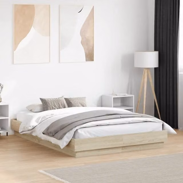 Giroletto moderno vidaXL con luci LED sotto il letto e porte USB, Rovere Sonoma, L: 138 cm, P: 193 cm