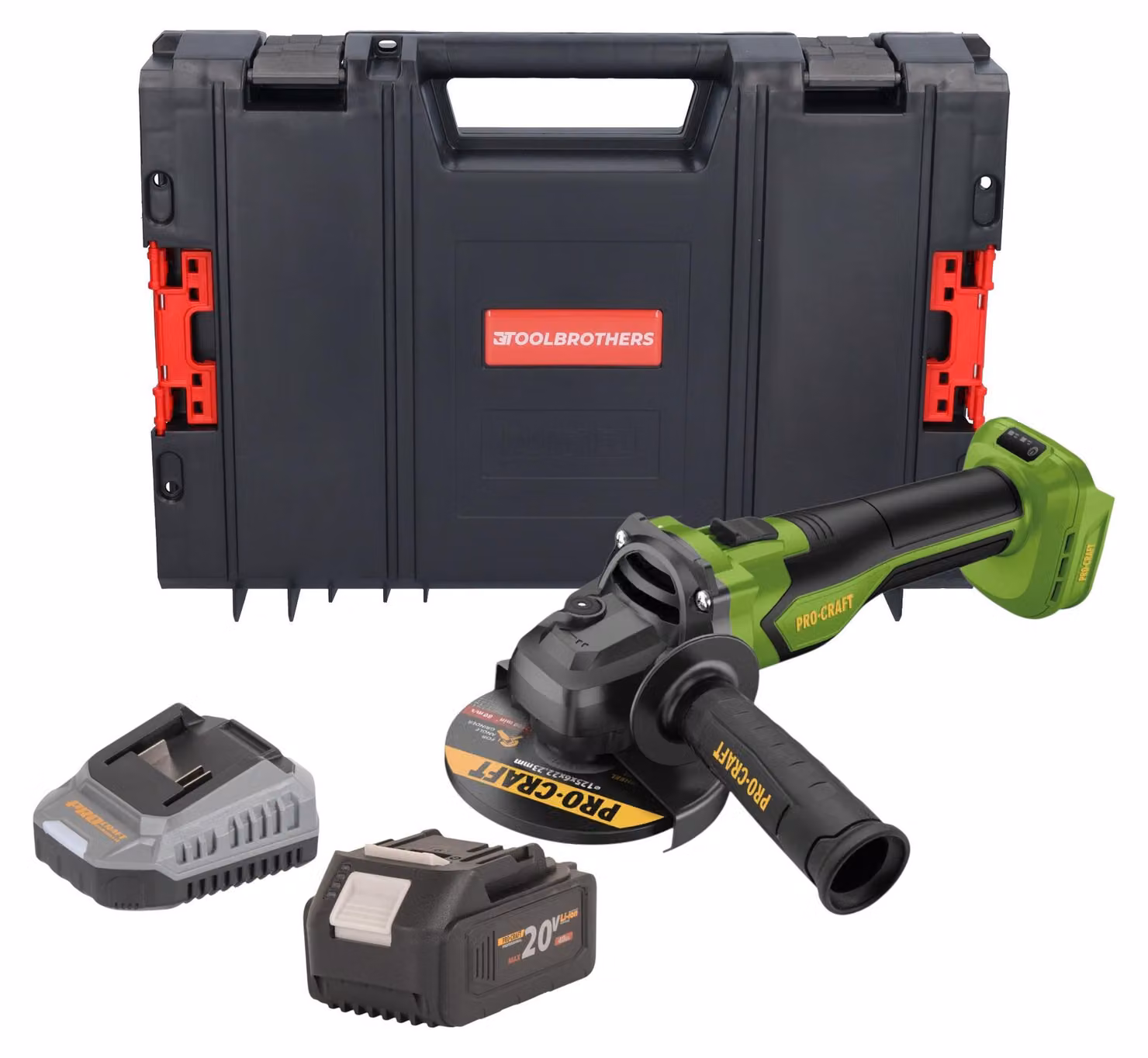 Smerigliatrice angolare a batteria Procraft PGA22-BB 20 V 125 mm Brushless + 1x batteria 4,0 Ah + caricabatteria + valigetta portautensili RHINO