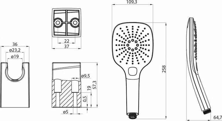 Set doccia, 3 modalità doccia, ugelli in silicone, supporto fisso, flessibile 1500 mm, nero opaco