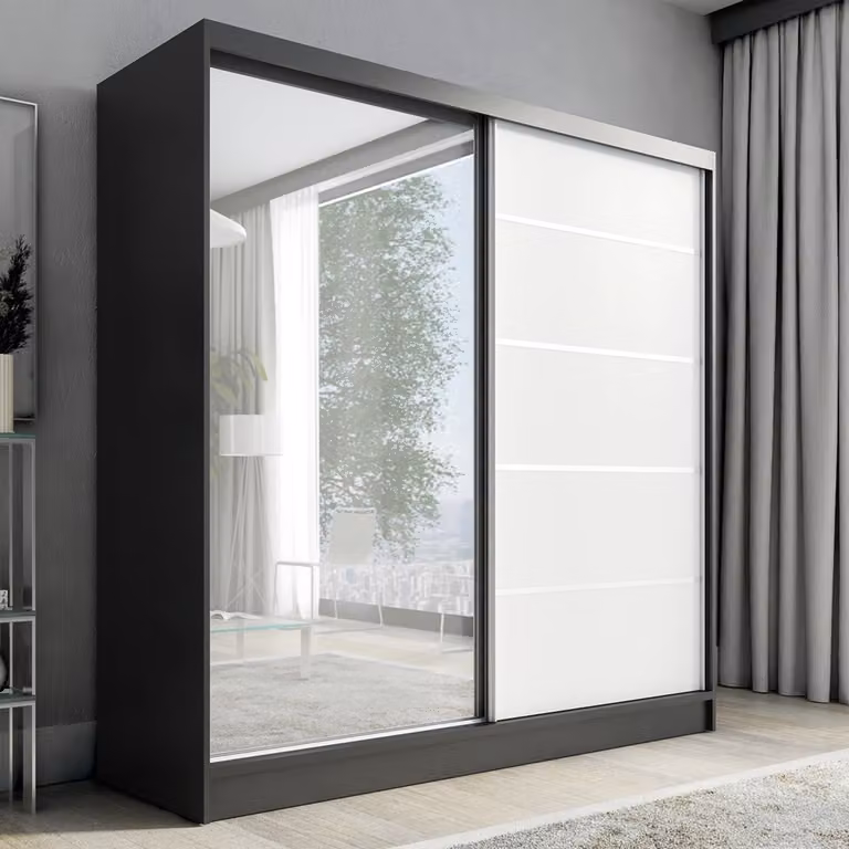Armadio a battenti sospesi, a 2 ante con specchio NERO 200 cm (nero, bianco)