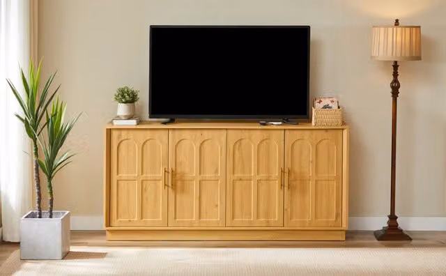 Sideboard con ripiani regolabili e ante curve in MDF naturale
