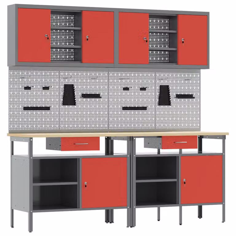 vidaXL Set banco da lavoro 8 pz Rosso e Grigio