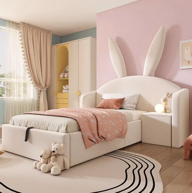 Letto imbottito 90x190 cm con contenitore idraulico e testiera a orecchie di coniglio in velluto beige