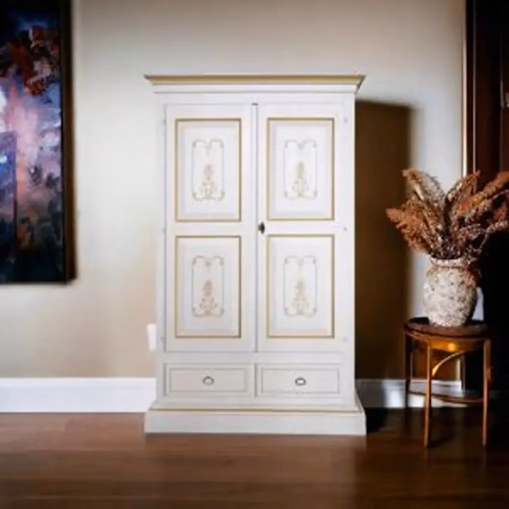 Armadio Verona KIVIO in legno stile shabby chic bianco con decorazioni ocra L: 125 cm, P: 60 cm, H: 200 cm – 2
