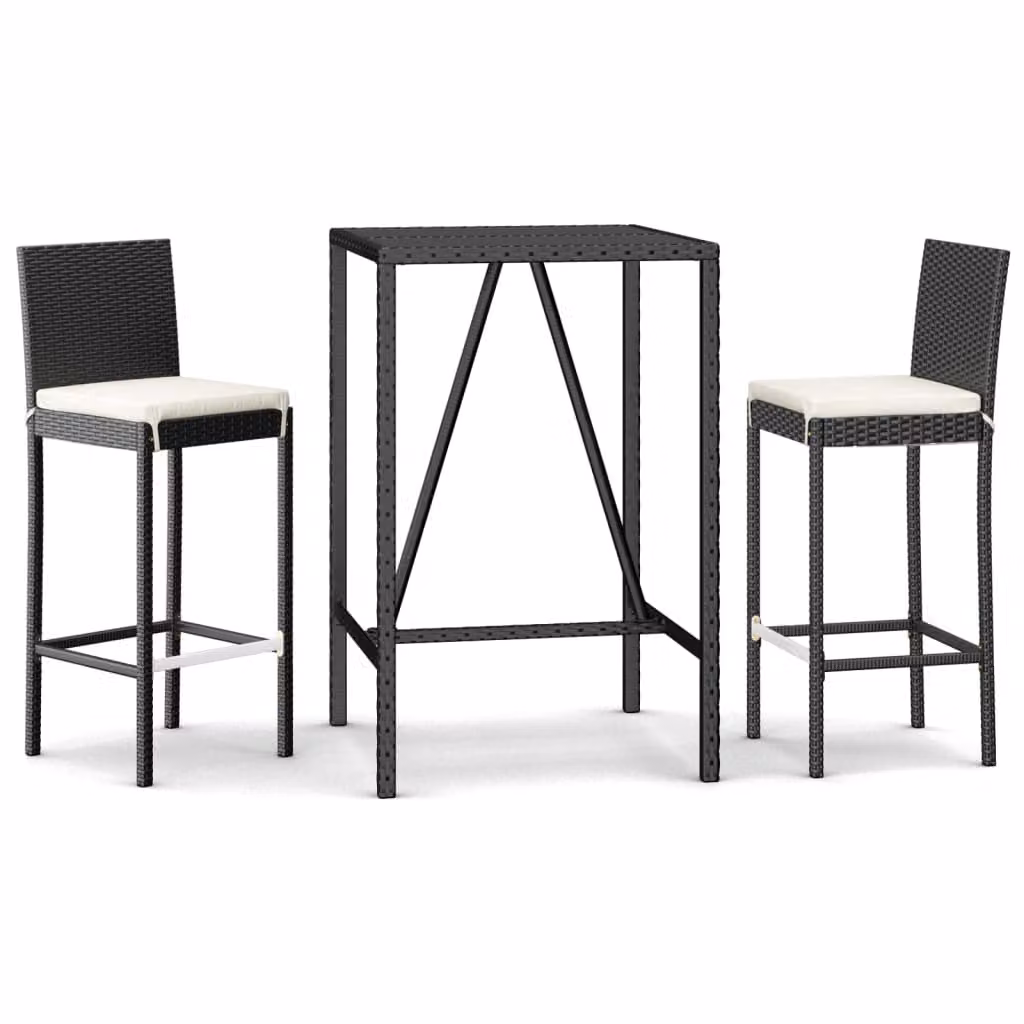 Set Bar da Giardino 3 pz con Cuscini in Polyrattan Nero
