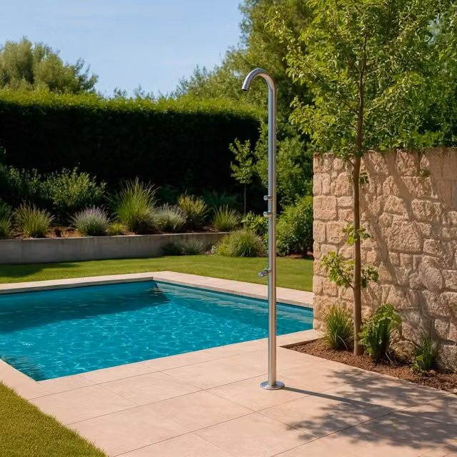 Doccia per piscina esterna MPC in acciaio inox satinato 316 con miscelatore calda-fredda, deviatore e getto lavapiedi MX1002-INOX color argento – 1