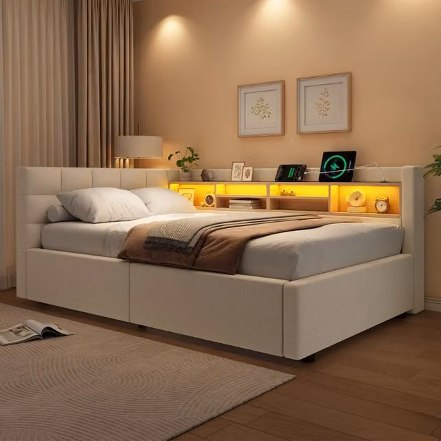 Letto contenitore 90x200 cm con LED dimmerabile; testiera con ripiano e prese USB; rivestimento in lino; beige