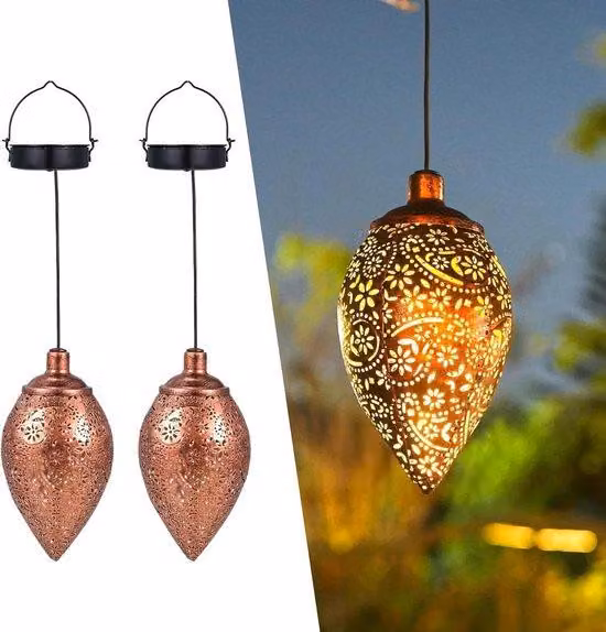 Lampade solari per balcone, IP65, impermeabili, luce bianca calda, motivo Paisley, set da 2, lampade solari in metallo per esterni