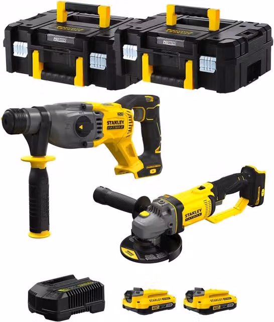 Kit Stanley FatMax SVK202 Giallo con SFMCH900, SFMCG400, 2 batterie ricaricabili da 2,0 Ah, caricabatteria e 2 contenitori TSTAK II – 1