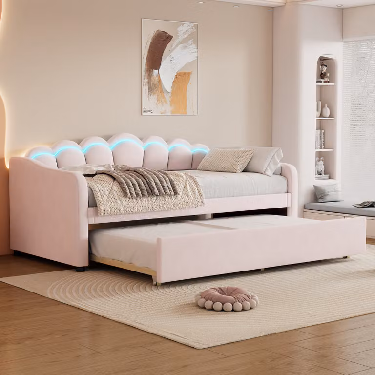 Letto da giorno Sweiko, letto da giorno 90x200cm con letto estraibile, divano letto, letto singolo (senza materasso), velluto, luce ambiente cambia colore, telecomando, stile minimalista, rosa