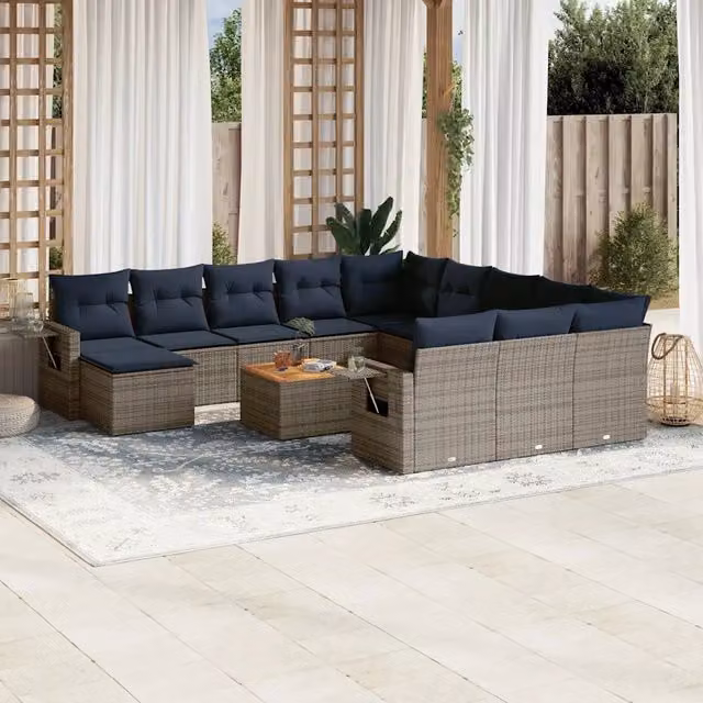 Set di divani da giardino vidaXL in polyrattan grigio con cuscini e tavolino da esterno a forma di L