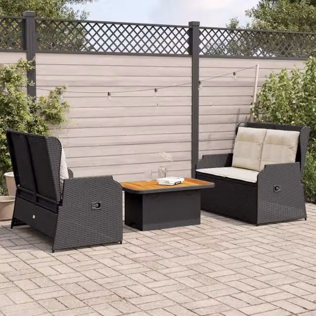Set da giardino moderno vidaXL composto da 3 pezzi con divano a 2 posti, tavolino da caffè e cuscini beige in polyrattan e struttura in acciaio nero – 1
