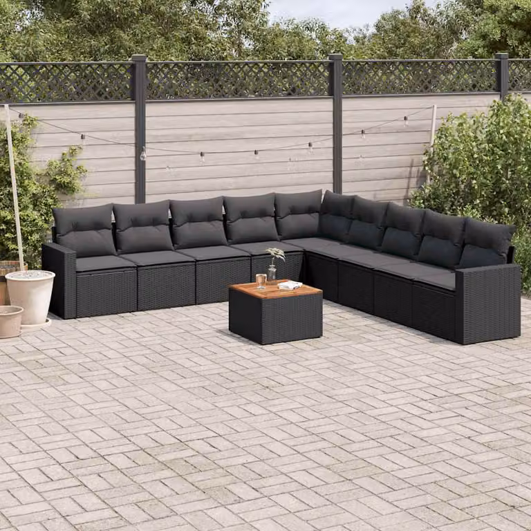 vidaXL Set Divani da Giardino a Forma di L in Polyrattan Nero con Cuscini e Tavolino da Esterno