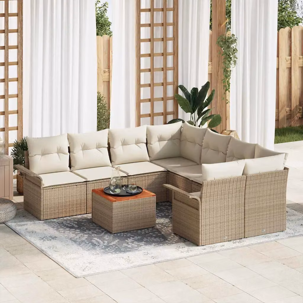 Set Divano da Giardino vidaXL a Forma di L con Tavolino da Caffè e Cuscini Beige, 9 Pezzi – 1