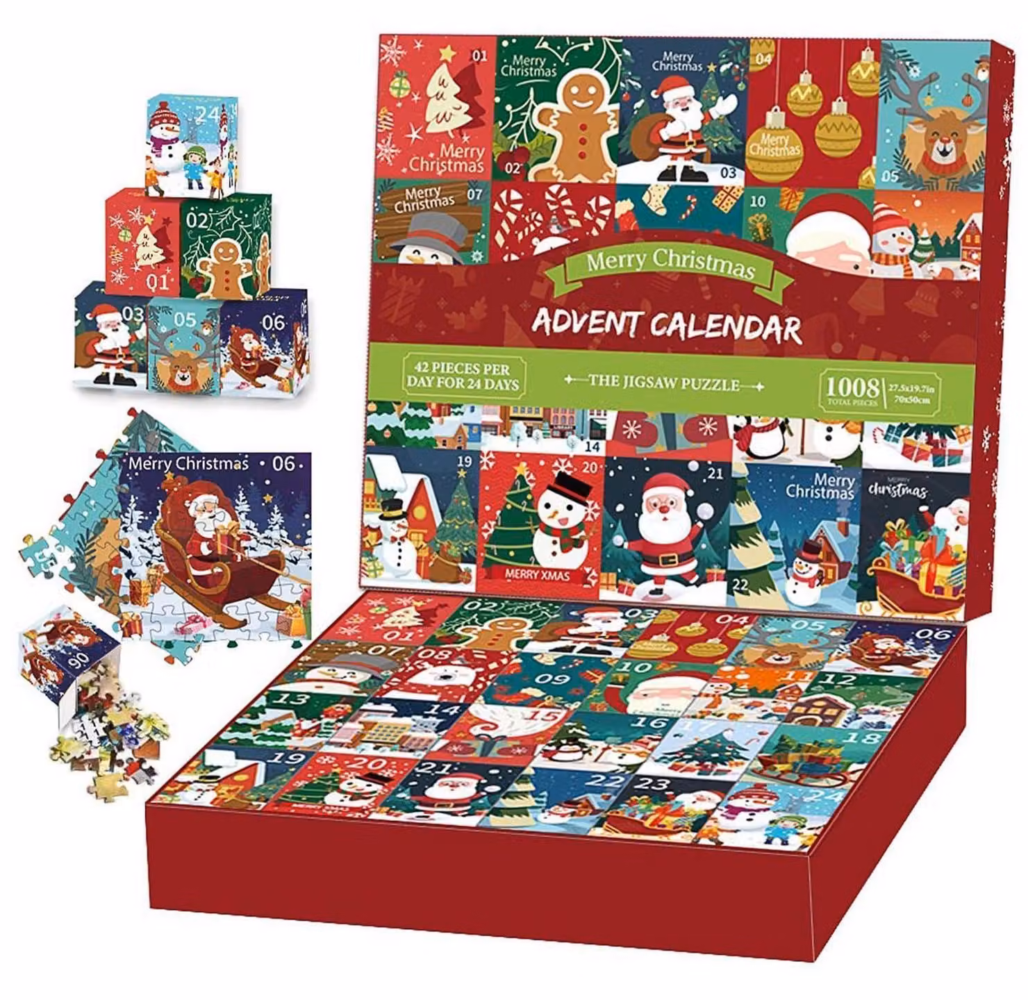 Calendario dell'Avvento con 1008 pezzi, puzzle per 24 giorni, decorazione natalizia da tavolo, Babbo Natale