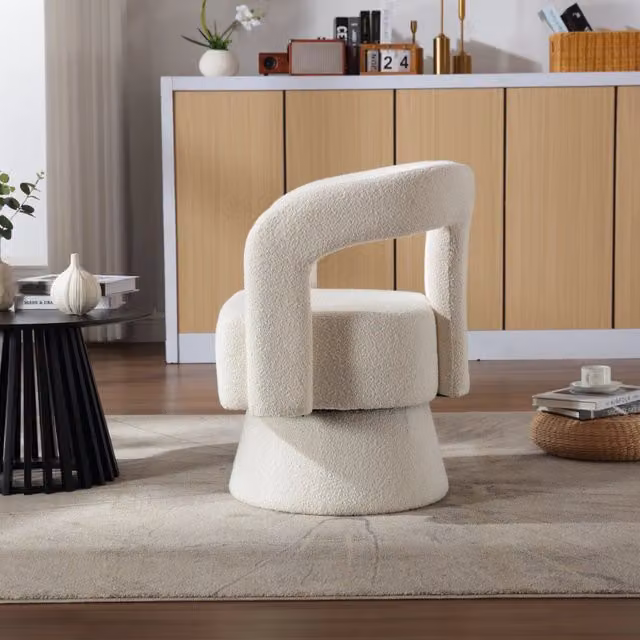 Poltrona girevole 360 REDOM in tessuto bouclé beige con braccioli e struttura in metallo L 55 cm x P 67 cm x H 74 cm