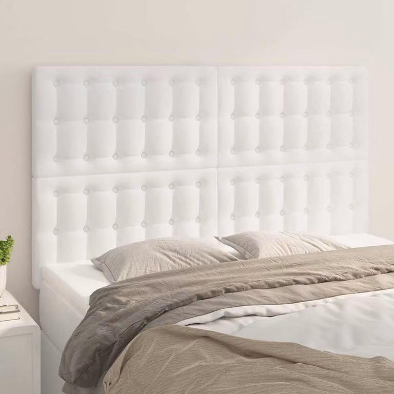 Testiera per letto vidaXL in similpelle bianca con struttura in legno, L: 144 cm, P: 5 cm, H: 118-128 cm