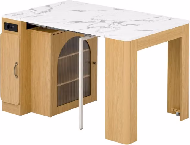 Isola Cucina Mobile con Ruote 83x39;6-149;6x77 cm; Tavolo Estensibile; Piano in Marmo Effetto Legno; Prese USB/Type-C e Vetrina