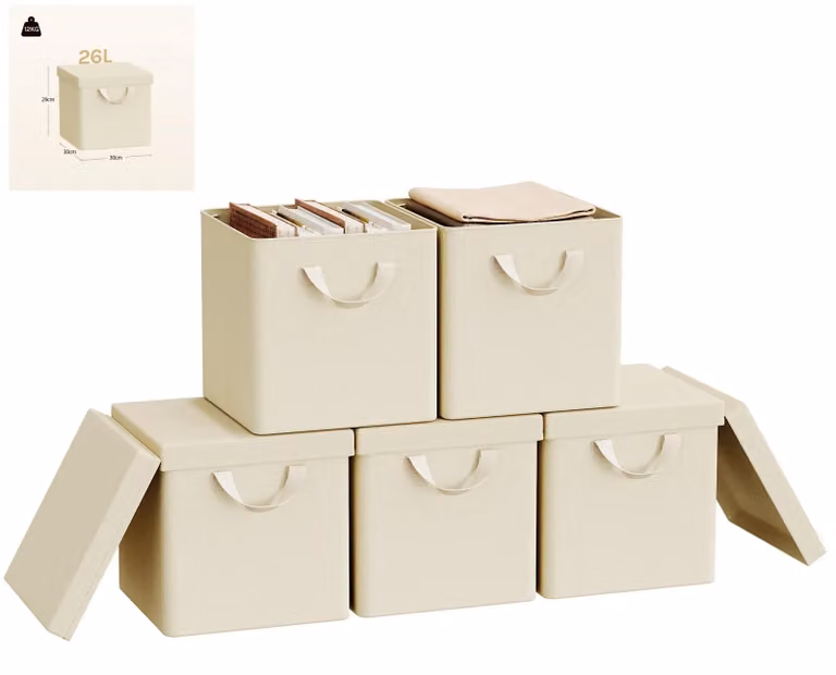 Contenitori pieghevoli in tessuto per l'organizzazione degli abiti, con coperchio - confezione da 5 pezzi - capacità 26 litri - tessuto non tessuto - colore crema