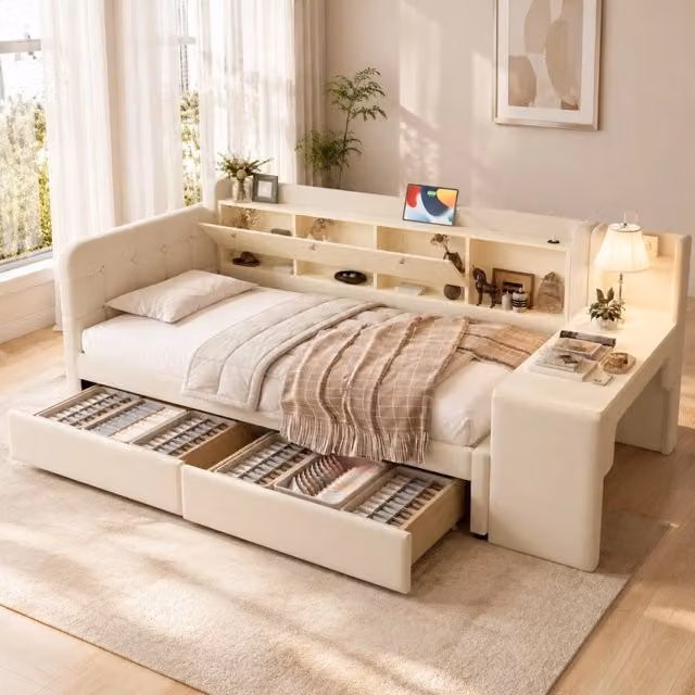 Letto Mivray con cassetti e scrivania reversibile, vano contenitore, porte USB e Type-C, lino beige, L/P: 90 x 200 cm