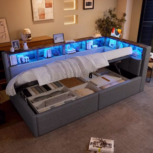 Letto da giorno moderno in lino grigio con contenitore idraulico, illuminazione LED multicolore e porte di ricarica USB e Type-C, L/P/H: 200 x 90 x 35 cm