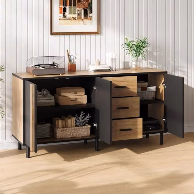 Credenza moderna con 3 ante e 3 cassetti, 6 gambe in metallo per soggiorno, in MDF, nero e legno, 140×35×70 cm