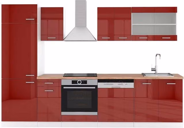 Cucina componibile moderna R-Line Vicco, Rosso lucido e Bianco con dettagli Rovere, L: 300 cm