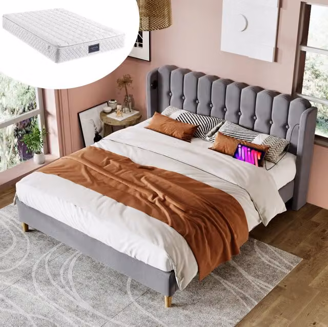 Letto imbottito grigio 160 x 200 cm con ricarica USB e Tipo-C