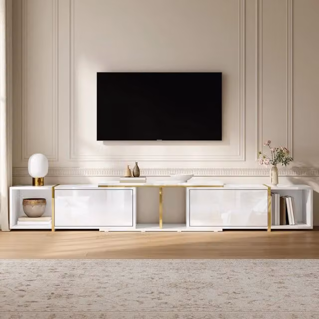 Mobile TV allungabile con vani aperti e frontali lucidi in pannello truciolare bianco 275 × 35 × 37 cm