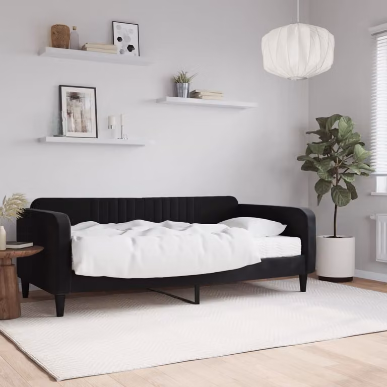 vidaXL Divano Letto in Velluto Nero con Materasso, L/P/H: 190 x 90 x 75 cm